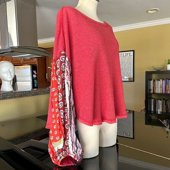 We The Free Waffle Knit Mixed Media Oversized Thermal Drapey Paisley Sleeve Top - Picture 2 of 12